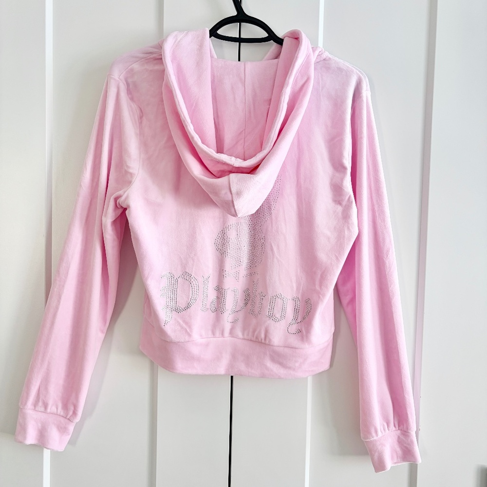 Playboy, Zip Up, Hoodie, Pink, Rhinestone, Velour, Loungewear, Size M, NEW - Picture 2 of 16